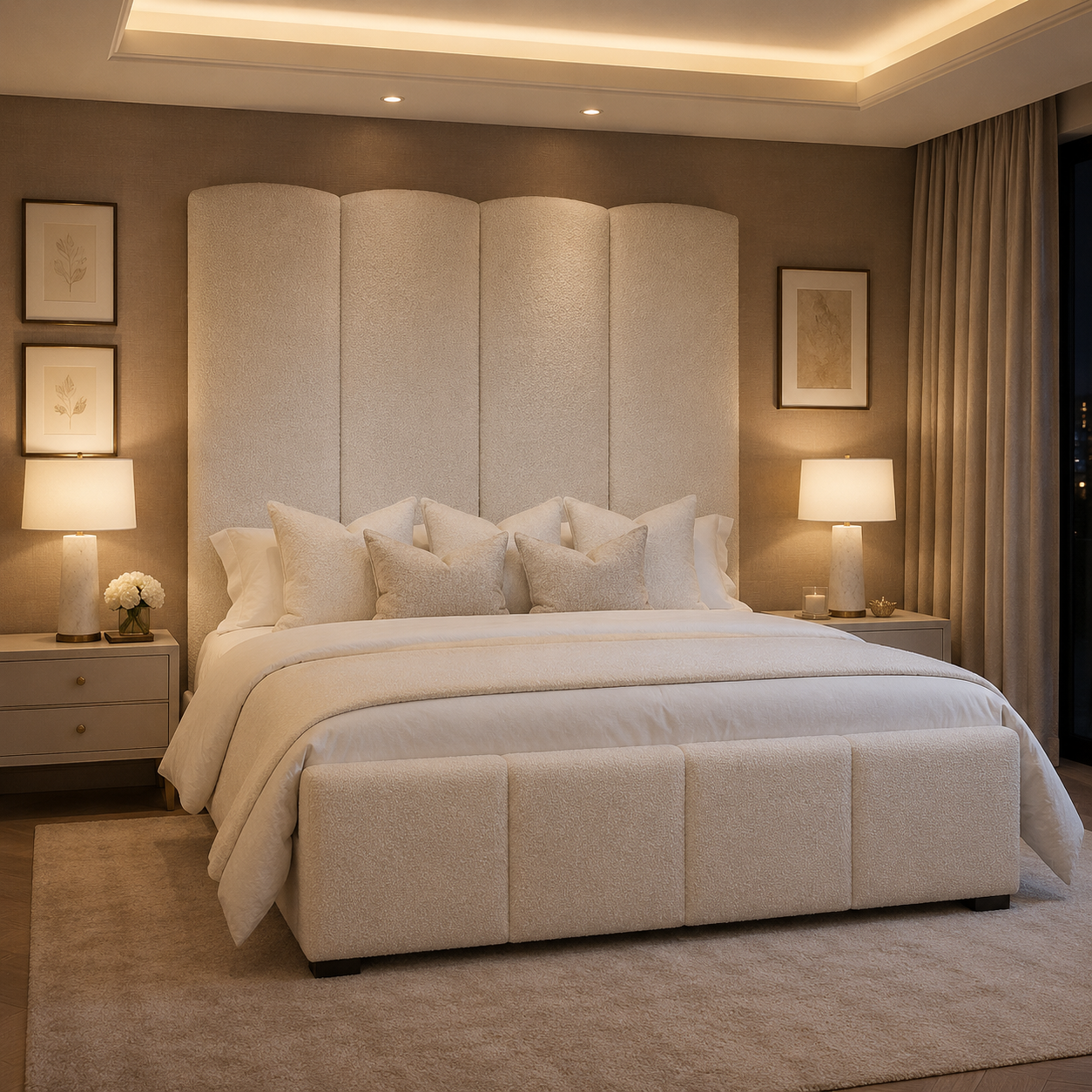 Luxury upholstered bed with tufted headboard and matching footboard in modern bedroom setting