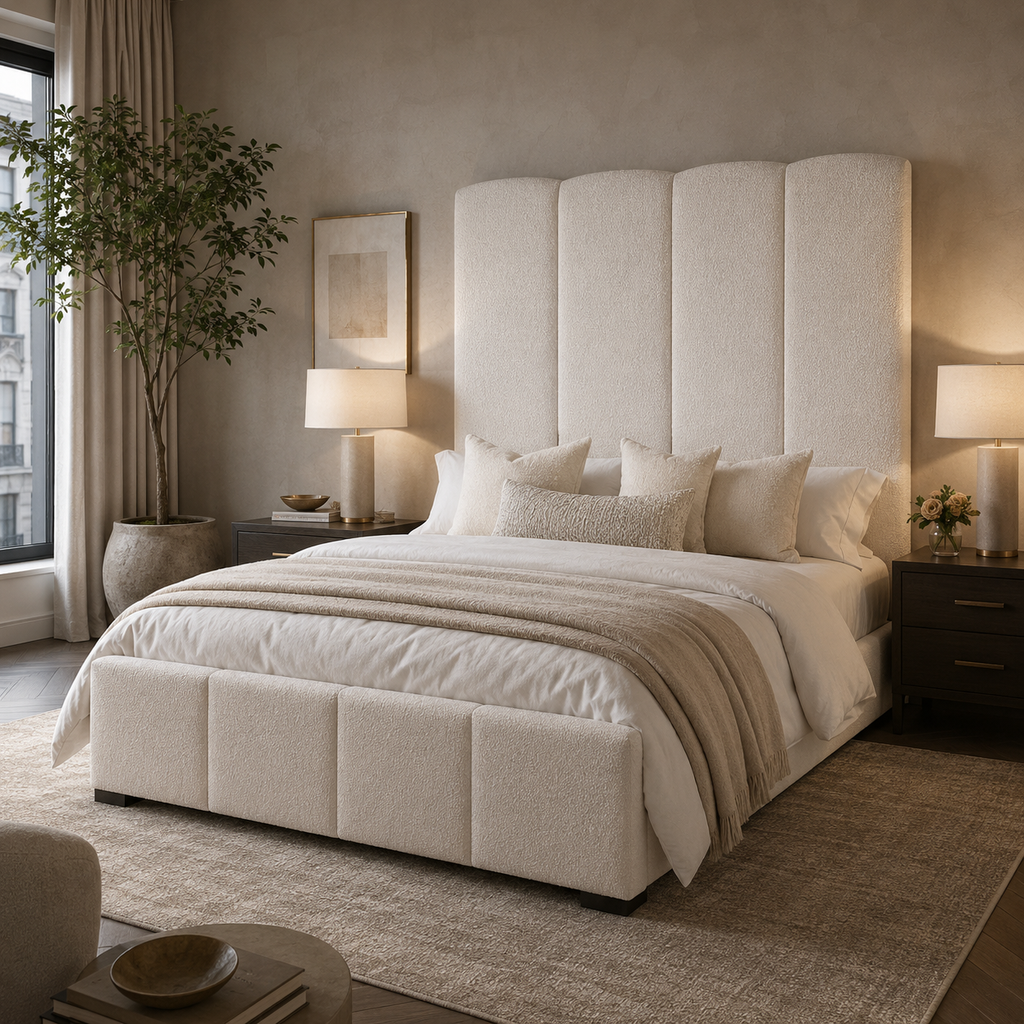 Luxury upholstered bed with tufted headboard in neutral tones, styled with plush bedding and bedside lamps