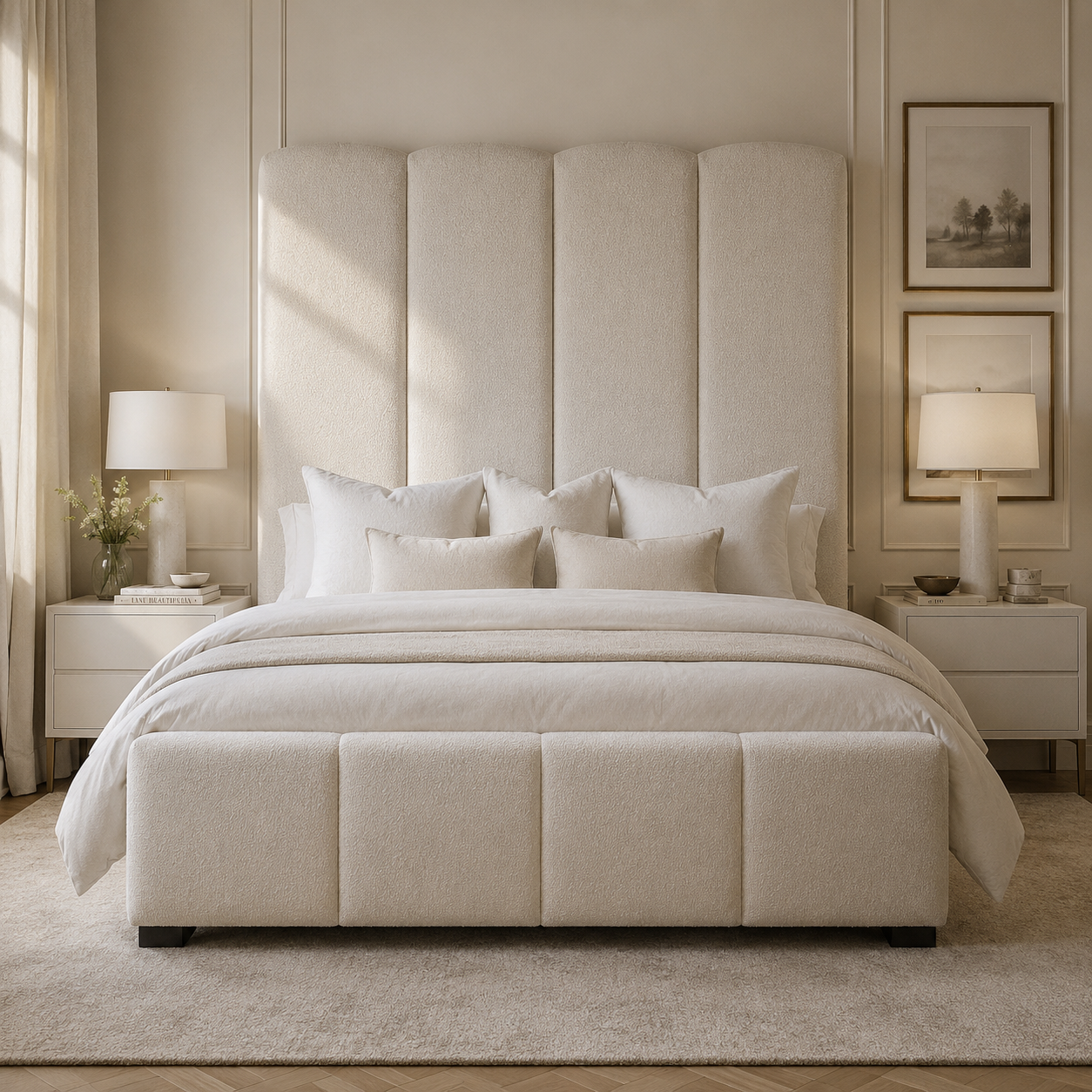 Luxury upholstered bed with tufted headboard and matching footboard in neutral tones, styled with white bedding and bedside lamps.