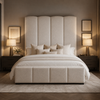 Luxury upholstered bed with tufted headboard and matching bench, styled in modern bedroom with bedside lamps
