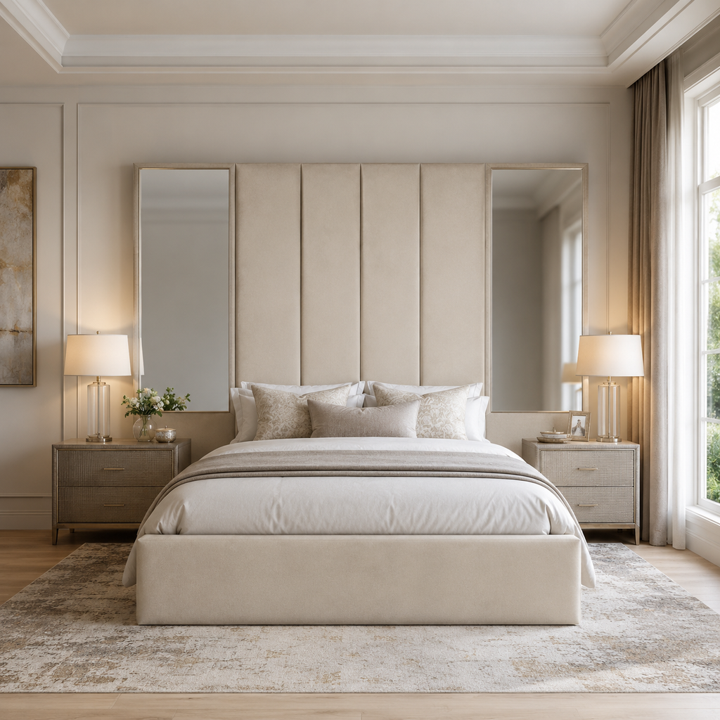 Luxury upholstered bed with tufted headboard, mirrored panels, and matching nightstands in neutral bedroom