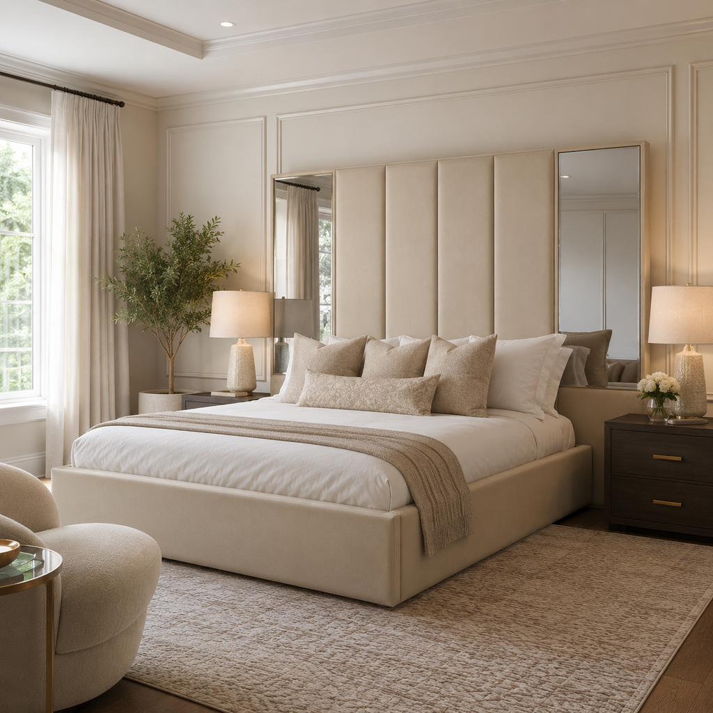 Luxury beige upholstered bed with tufted headboard, styled in modern bedroom with nightstands and mirrors