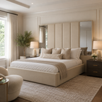 Luxury beige upholstered bed with tufted headboard, styled in modern bedroom with nightstands and mirrors