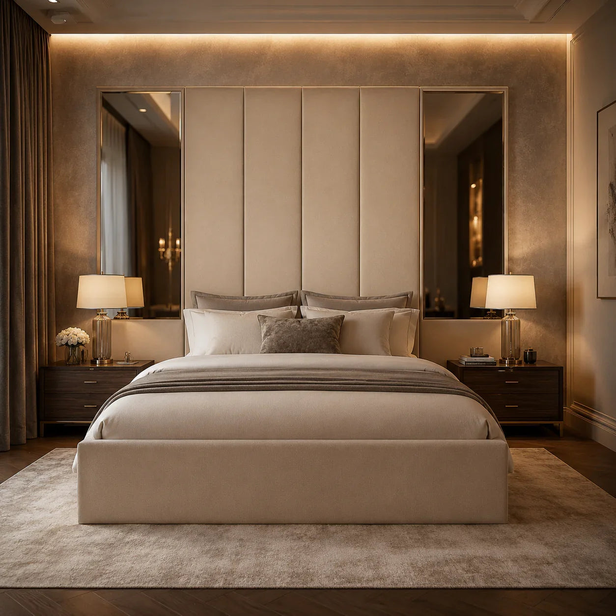 Luxury upholstered bed with tufted headboard, ambient lighting, and mirrored panels in modern bedroom
