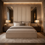 Luxury upholstered bed with panel headboard, ambient lighting, and mirrored accents in modern bedroom
