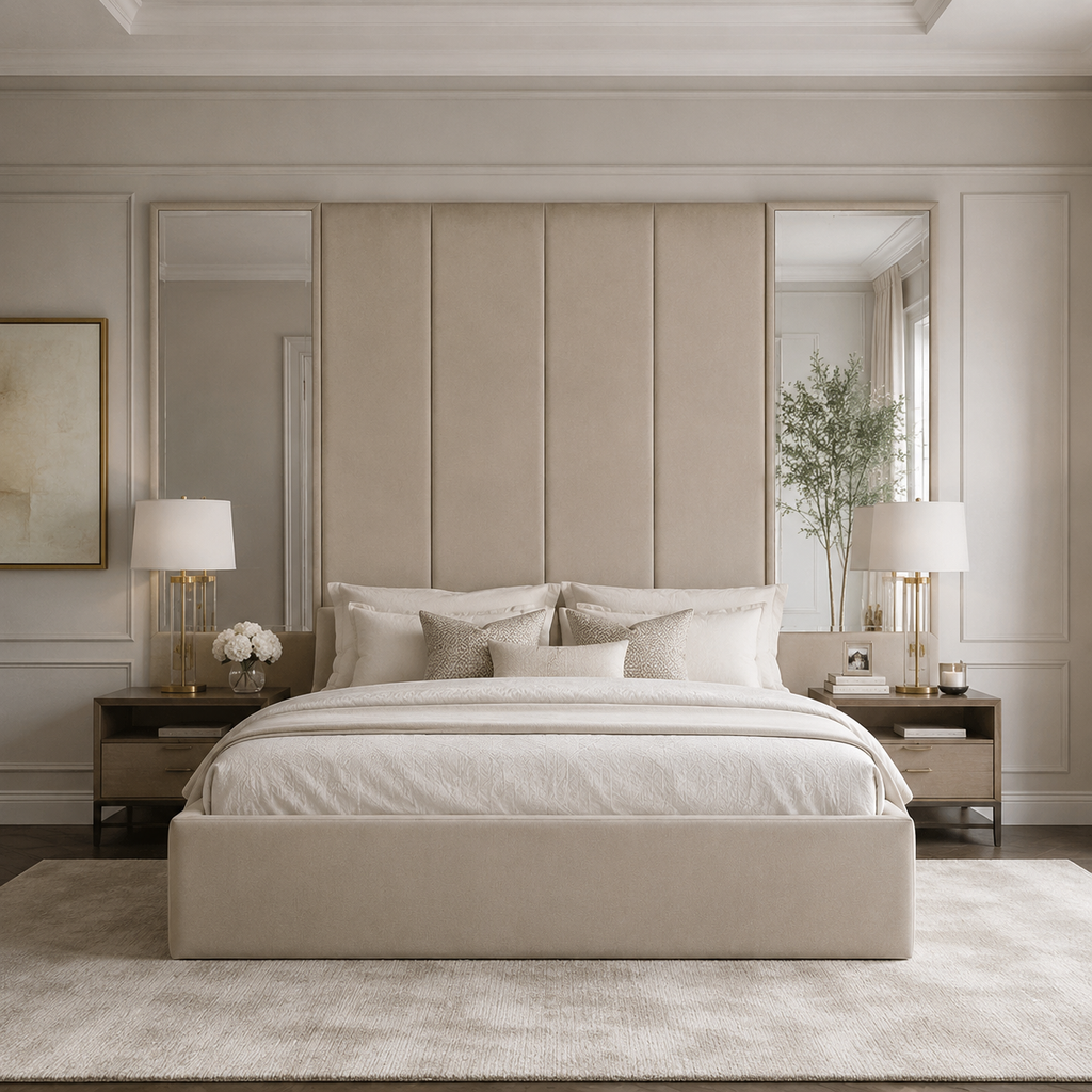 Luxury beige upholstered bed with tufted headboard, matching nightstands, and elegant bedroom decor