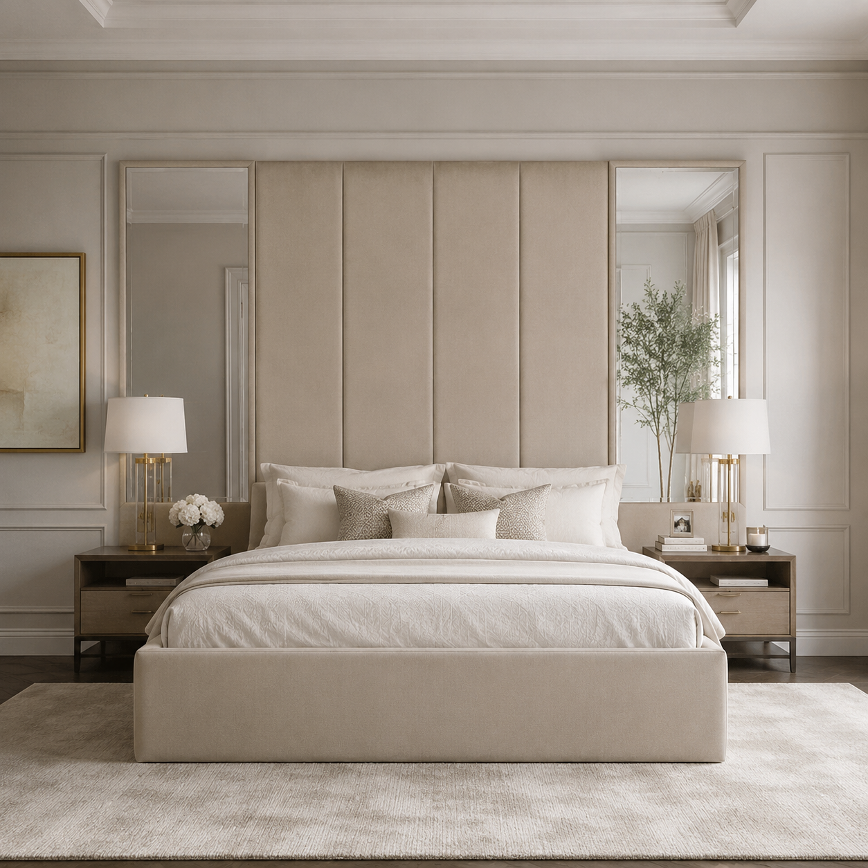 Luxury beige upholstered bed with tufted headboard, matching nightstands, and elegant bedroom decor