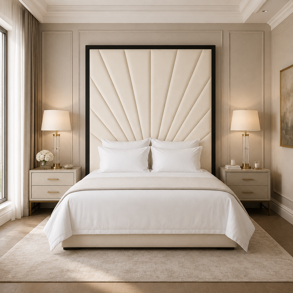 Luxury bed with tufted headboard, white linens, and matching nightstands in modern bedroom
