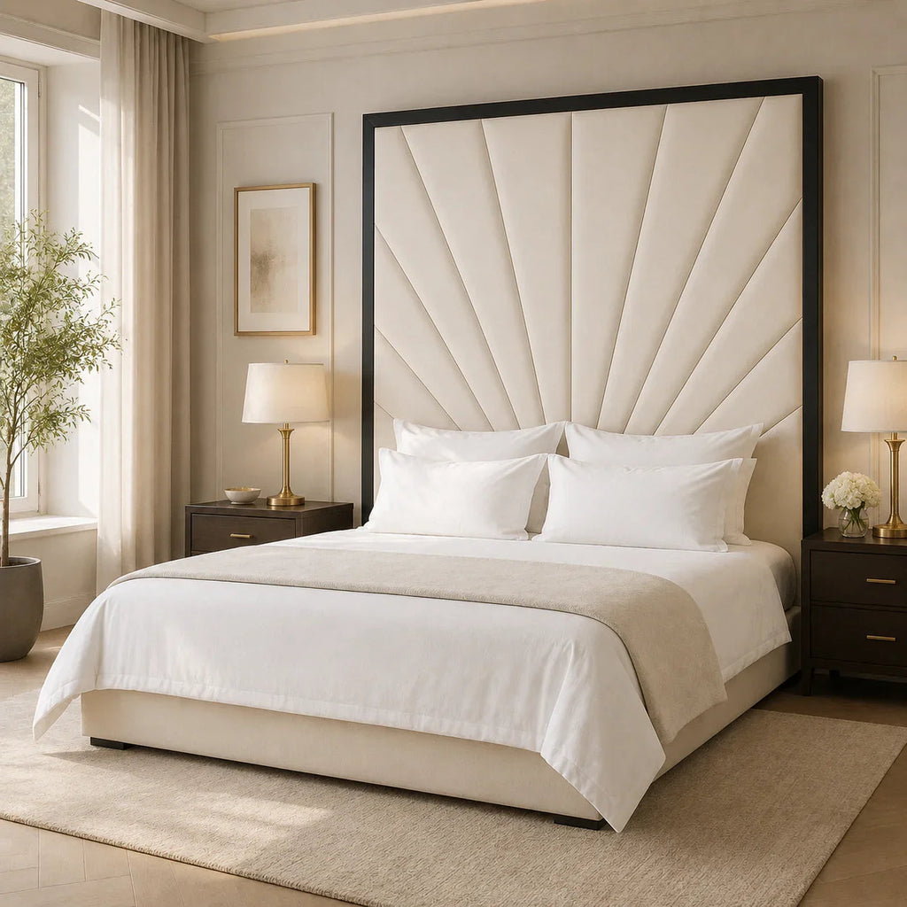 Luxury bed with cream sunburst headboard, white linens, and dark wood nightstands in modern bedroom