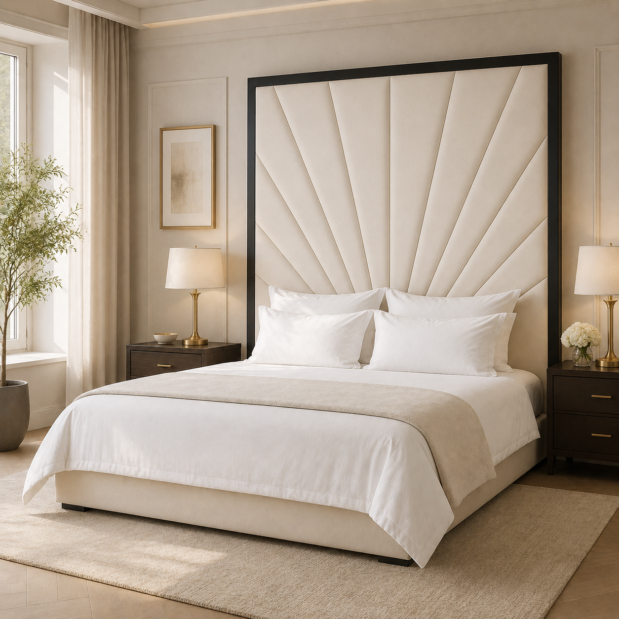 Luxury bed with sunburst headboard, white linens, and modern bedside lamps in a serene bedroom