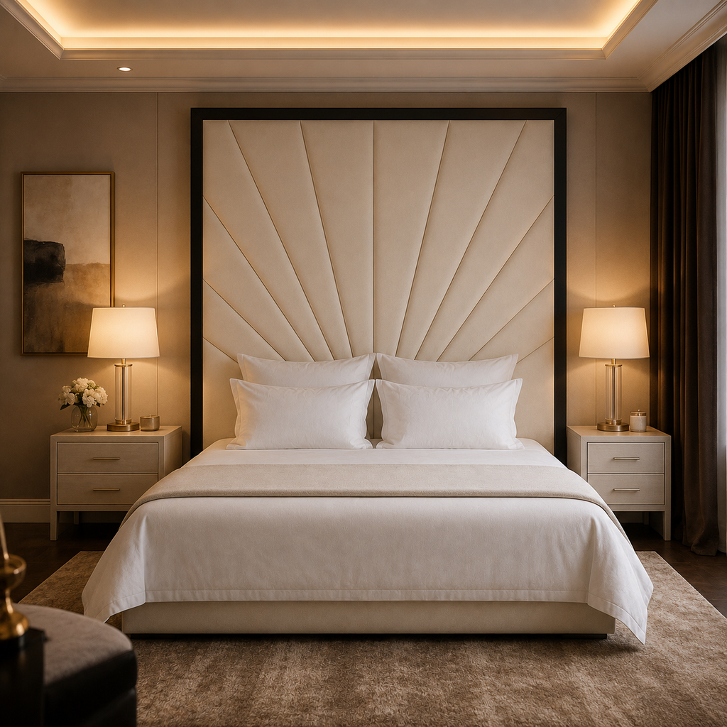 Luxury bed with tufted headboard, white linens, and modern bedside lamps in a cozy bedroom