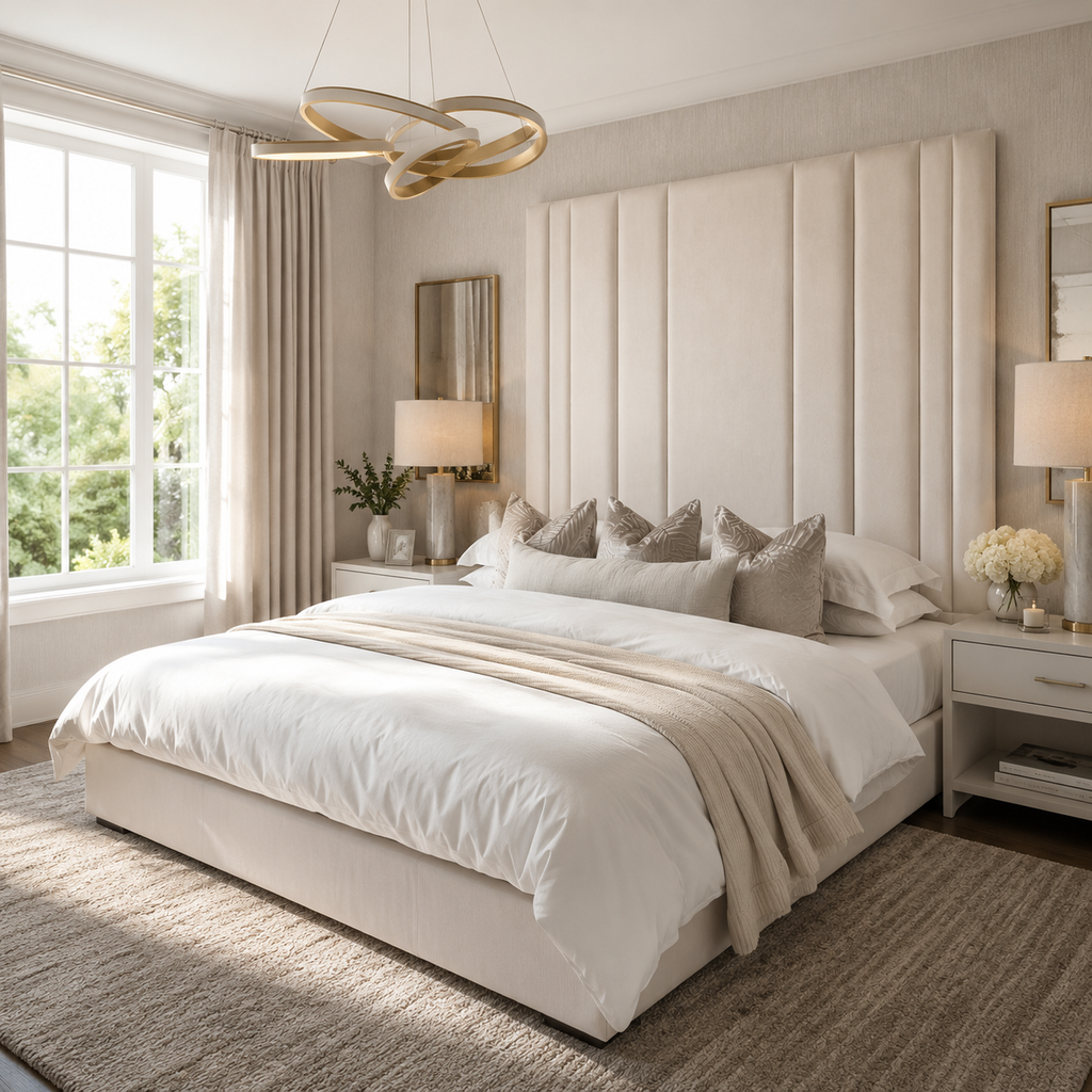 Luxury beige upholstered bed with tufted headboard, white linens, and modern bedside lamps in bright bedroom