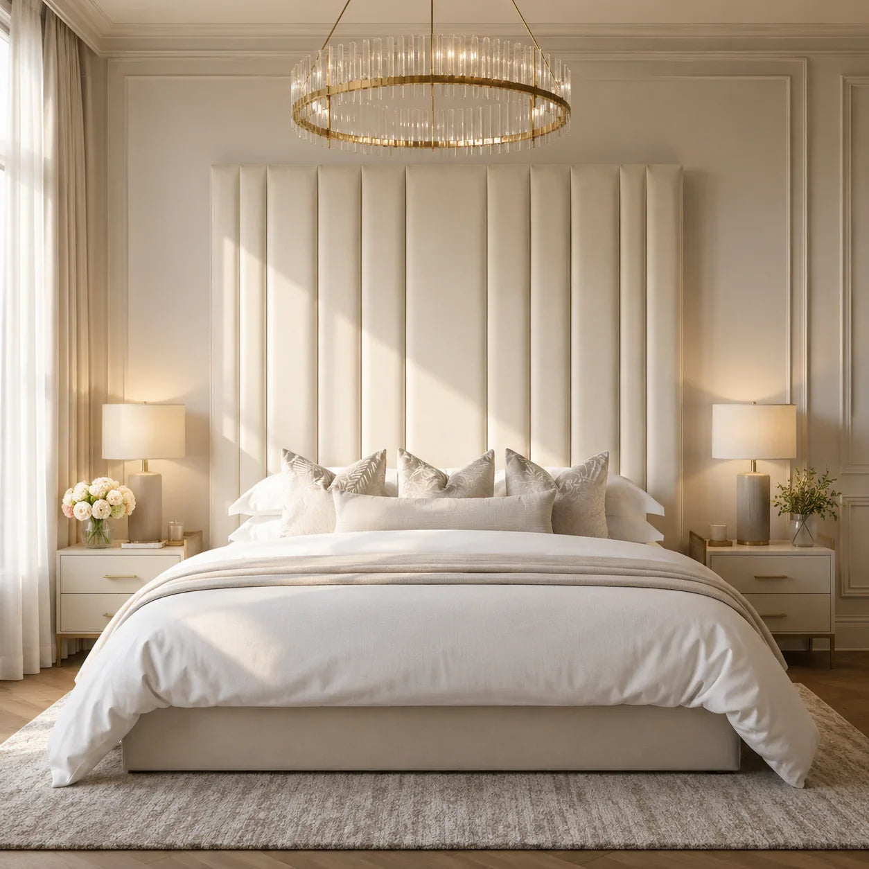 Luxury upholstered bed with tufted headboard, white bedding, and modern bedside lamps in elegant bedroom