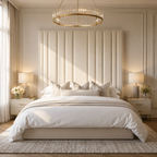 Luxury upholstered bed with tufted headboard, modern chandelier, and neutral bedding in elegant bedroom