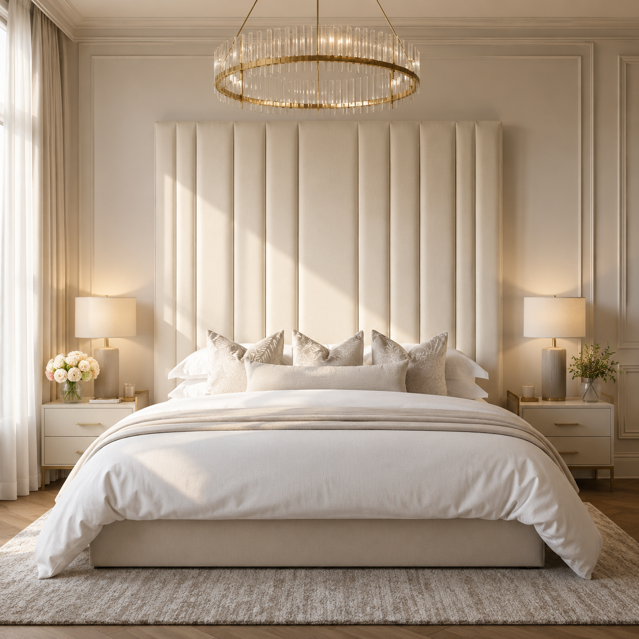 Luxury upholstered bed with tufted headboard, modern chandelier, and neutral bedding in elegant bedroom