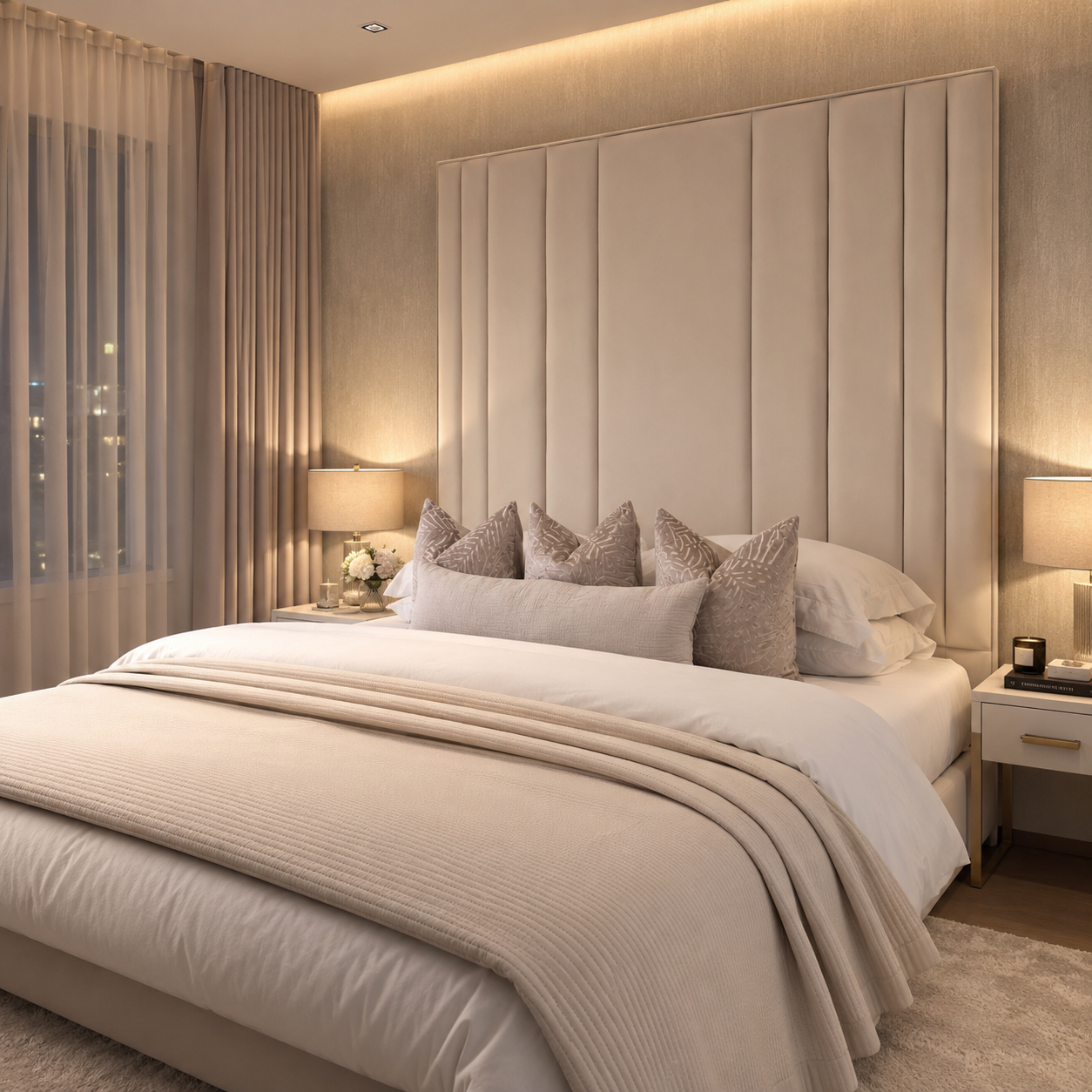 Luxury upholstered bed with tufted headboard, neutral bedding, and ambient lighting in modern bedroom