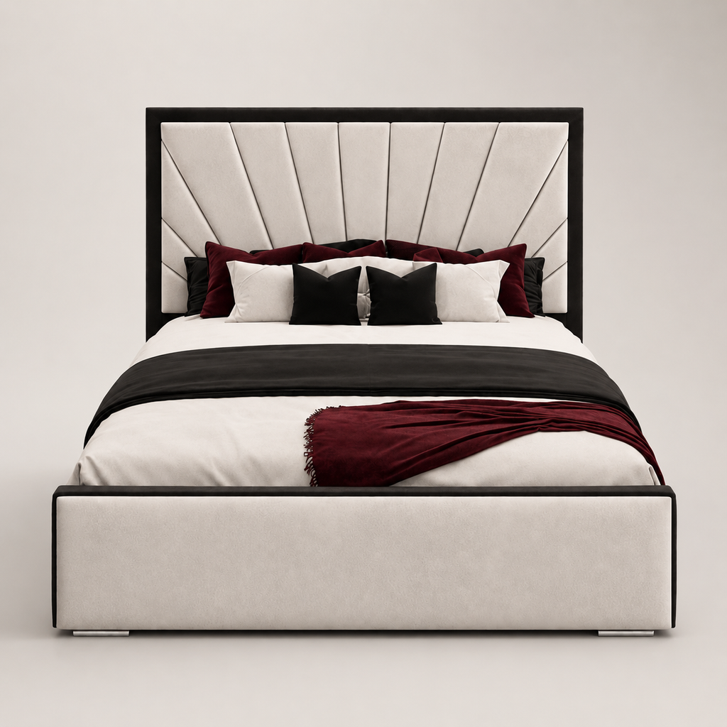 Luxury upholstered bed with tufted headboard, black and burgundy bedding, modern bedroom furniture