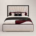 Luxury upholstered bed with tufted headboard, black and burgundy bedding, modern bedroom furniture
