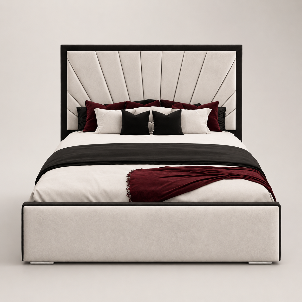 Luxury upholstered bed with tufted headboard, black and burgundy bedding, modern bedroom furniture