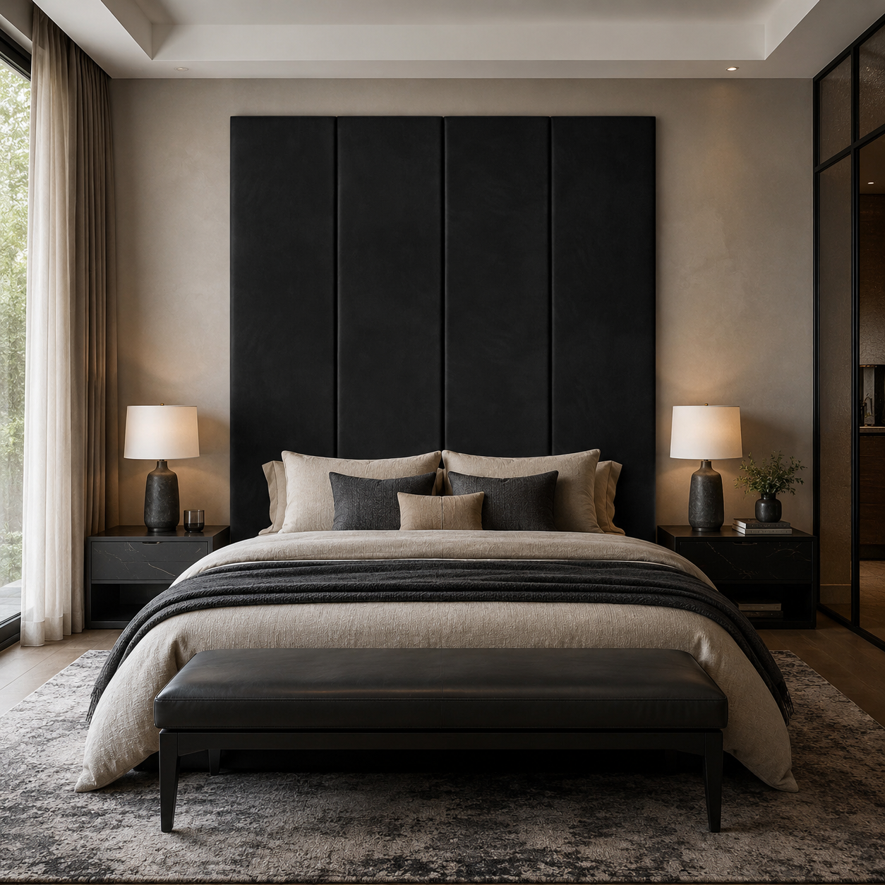 Luxury black upholstered bed with tall headboard, modern bedside tables, and neutral bedding in stylish bedroom