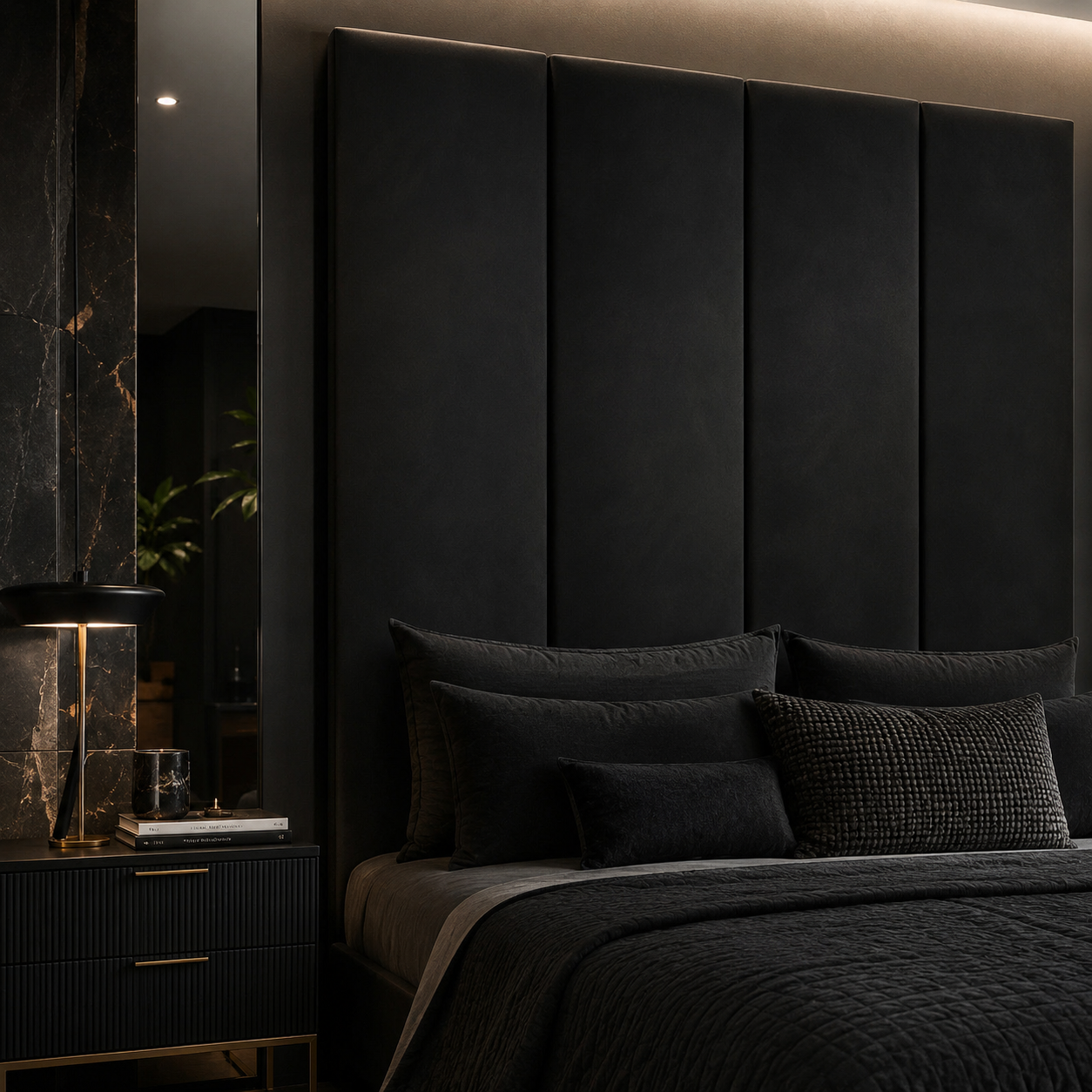 Luxury black velvet bed with tall panel headboard, modern nightstand, and ambient lighting for contemporary bedroom