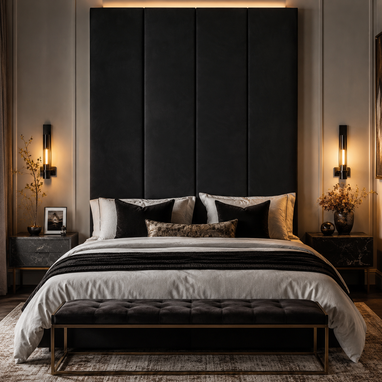 Luxury black velvet bed with tufted headboard, modern bedside tables, and ambient wall sconces in a stylish bedroom.