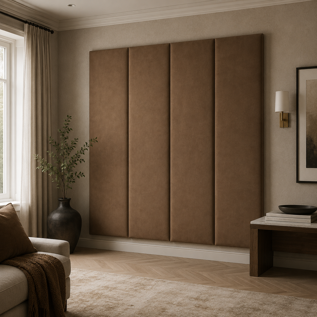 Luxury brown upholstered headboard panels in modern living room with sofa and herringbone flooring