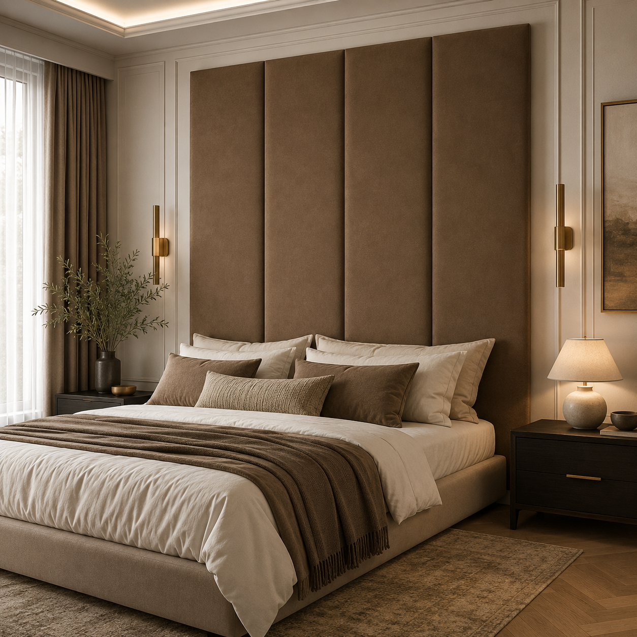 Luxury upholstered bed with tall panel headboard, neutral bedding, and modern bedside lamps in cozy bedroom