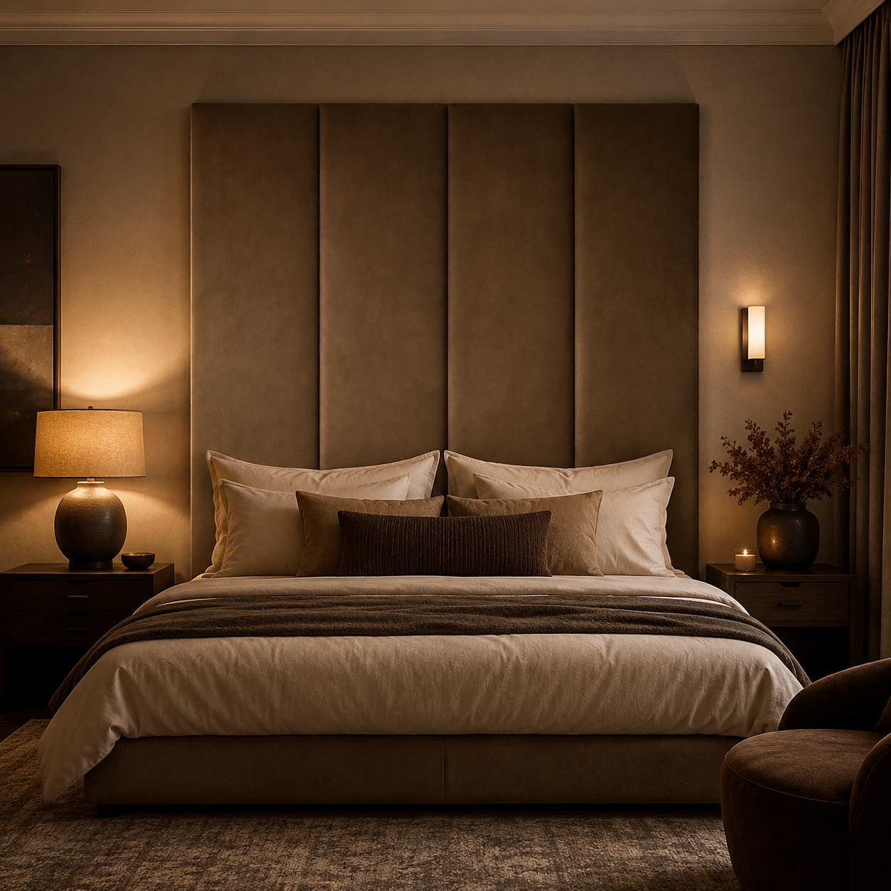 Luxury upholstered bed with panel headboard, cozy bedding, and warm ambient lighting for modern bedroom