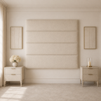 Luxury beige upholstered headboard with matching nightstands in elegant bedroom setting