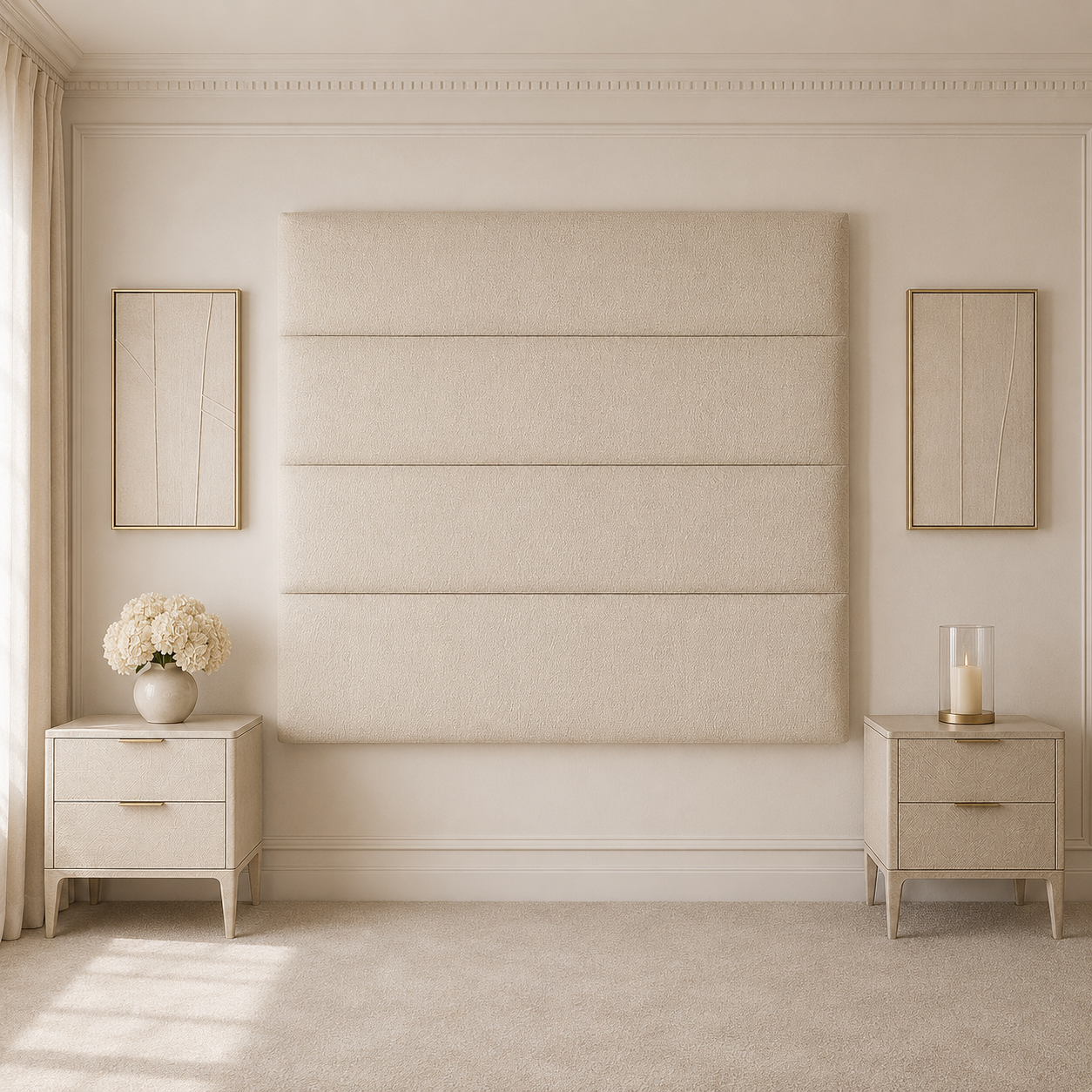 Luxury beige upholstered headboard with matching nightstands in elegant bedroom setting