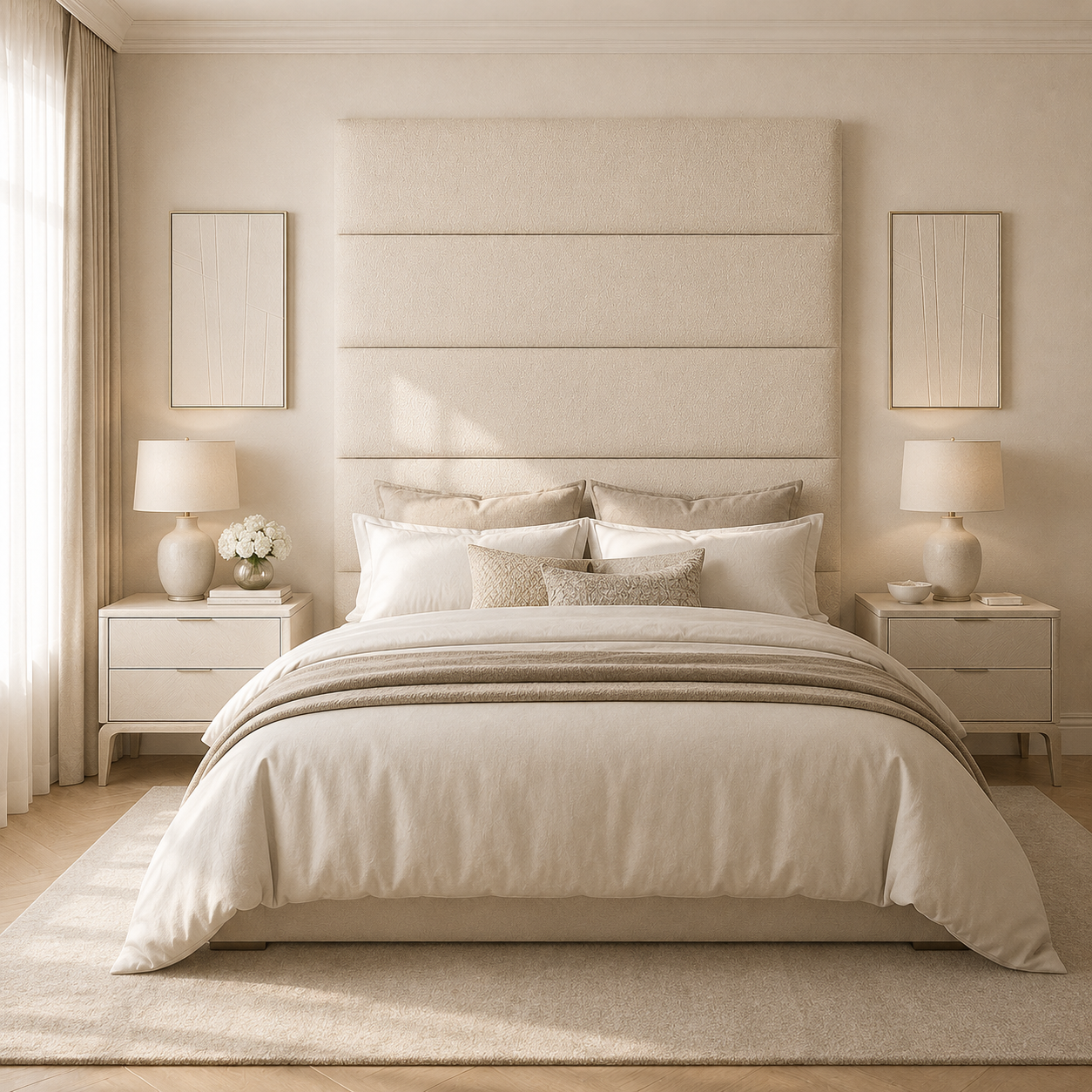 Luxury beige upholstered bed with tufted headboard, matching nightstands, and soft bedding in neutral tones