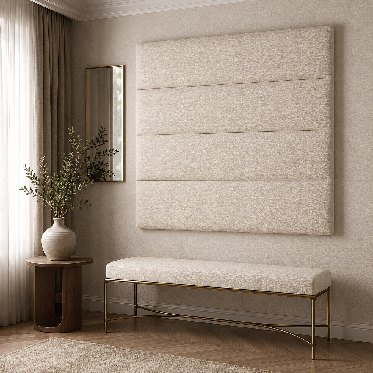 Luxury upholstered bench with gold metal frame, beige fabric, and matching wall panel in modern bedroom