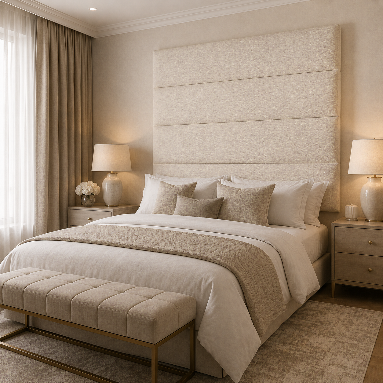 Luxury upholstered bed with tufted headboard, neutral bedding, and matching nightstands in modern bedroom