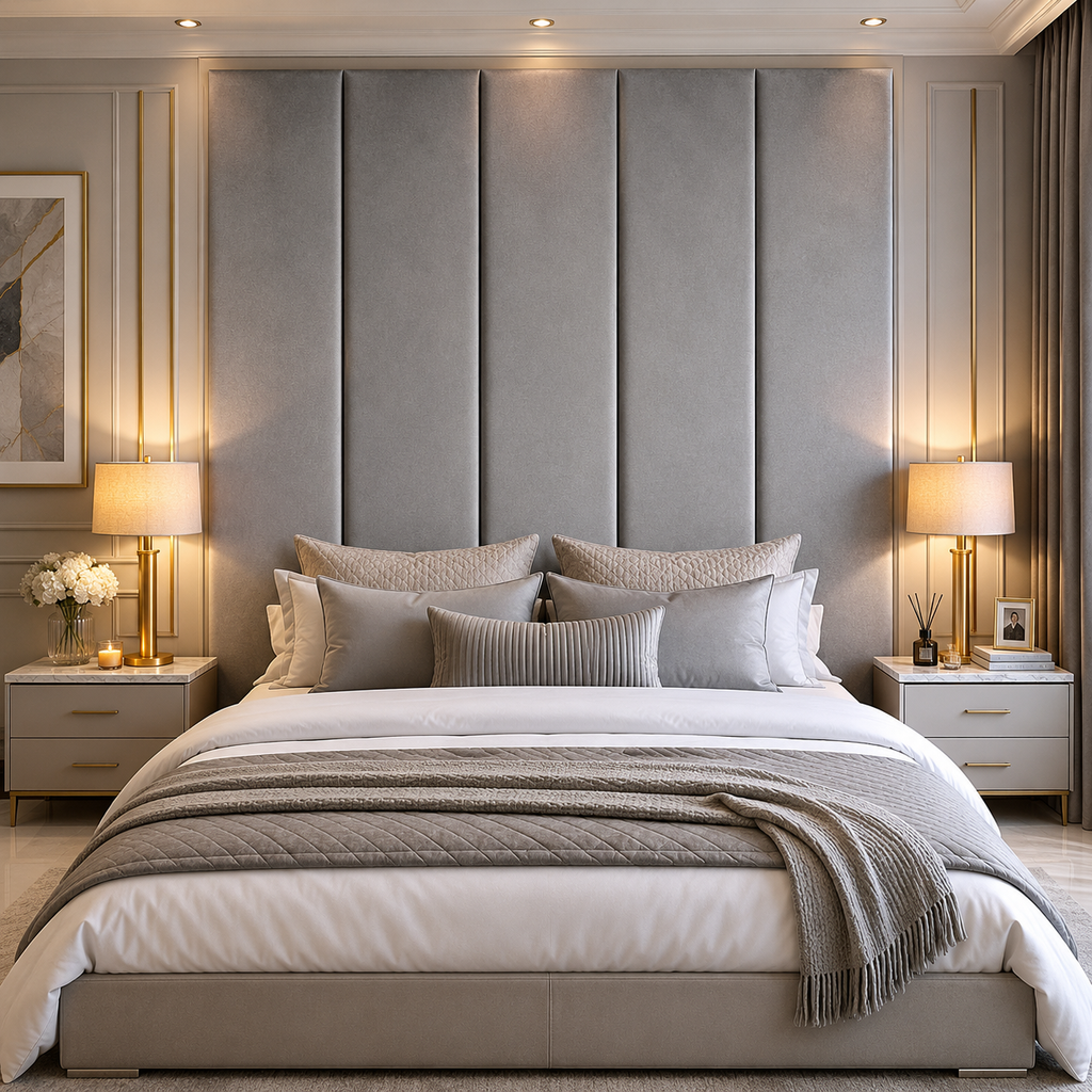 Silver Velvet Upholstered Headboard Wall Panel – 45cm Wide