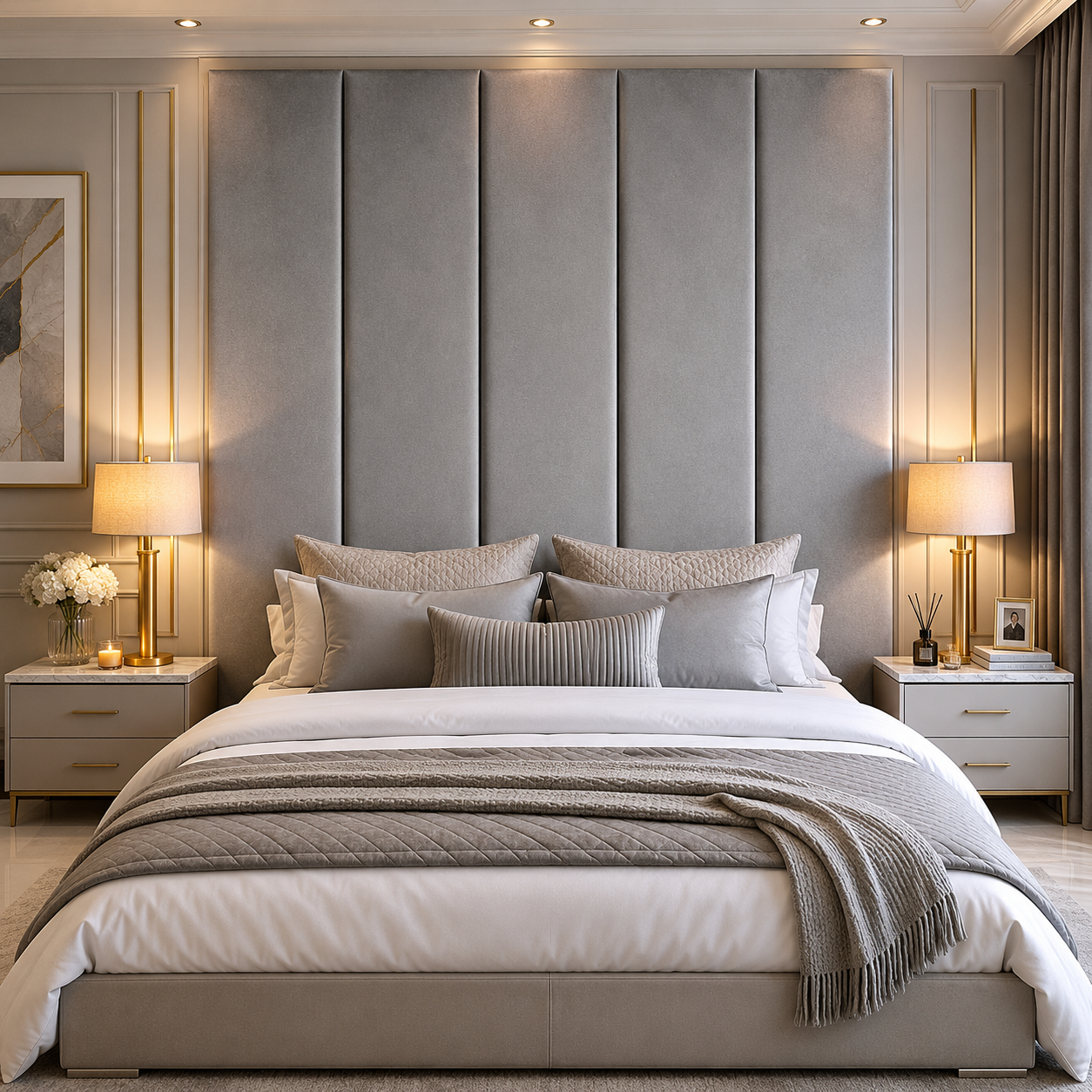 Luxury grey upholstered bed with tufted headboard, white linens, and modern bedside lamps in elegant bedroom