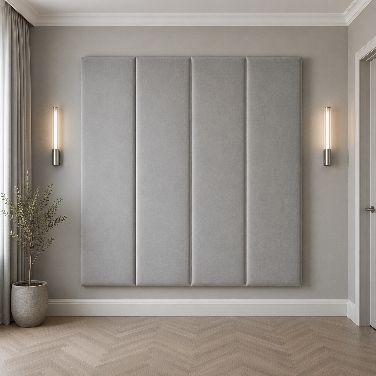 Luxury grey upholstered headboard with modern wall sconces and herringbone flooring