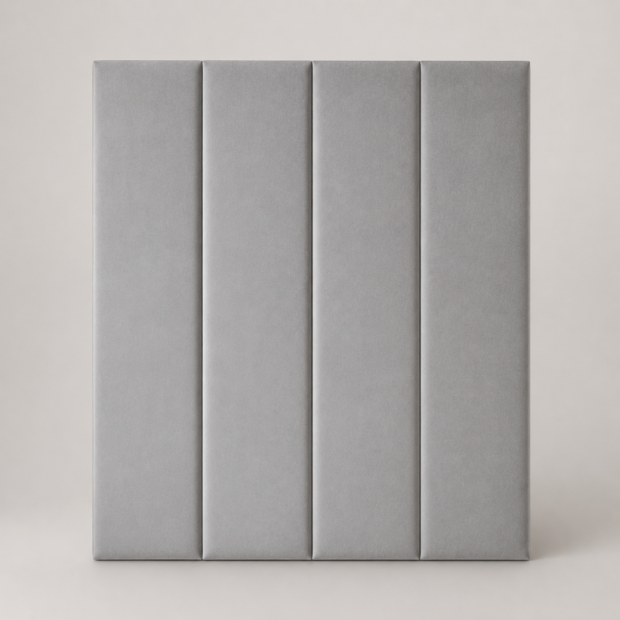 Grey upholstered headboard with four vertical panels, modern bedroom furniture