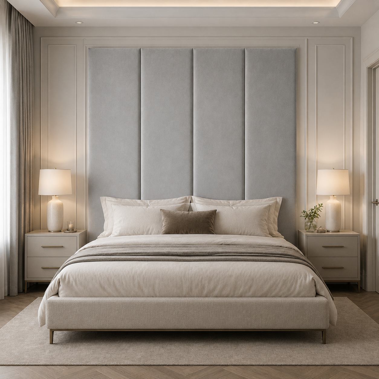 Luxury upholstered bed with grey panel headboard, matching nightstands, and ambient lighting in modern bedroom