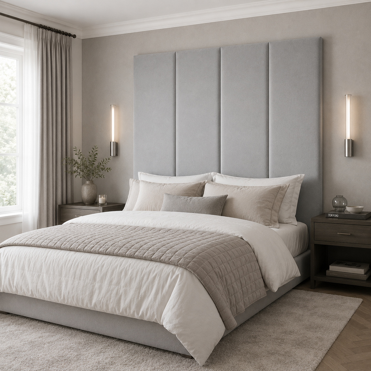 Luxury grey upholstered bed with panel headboard, neutral bedding, and modern bedside lamps in serene bedroom