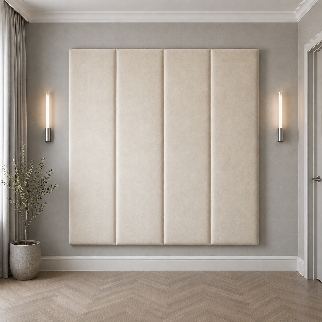 Beige upholstered headboard with four panels, modern bedroom decor, herringbone wood floor