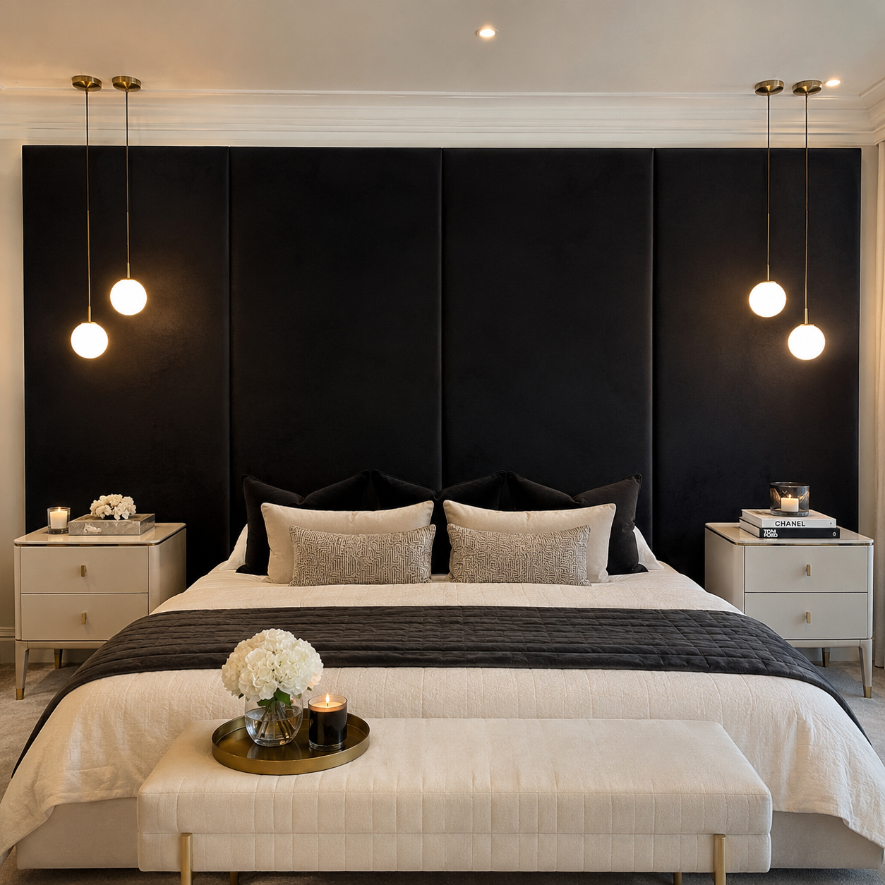 Luxury bed with black velvet headboard, modern pendant lights, and elegant bedroom decor