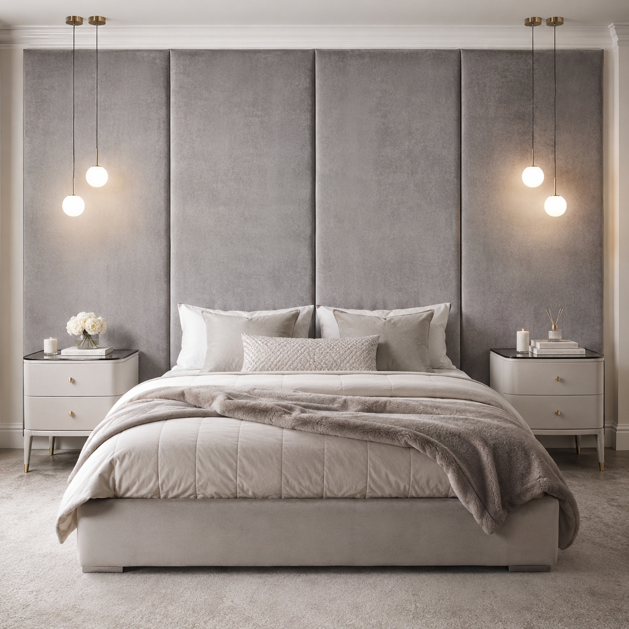 Luxury grey upholstered bed with velvet headboard, modern bedside tables, and pendant lights in a serene bedroom.