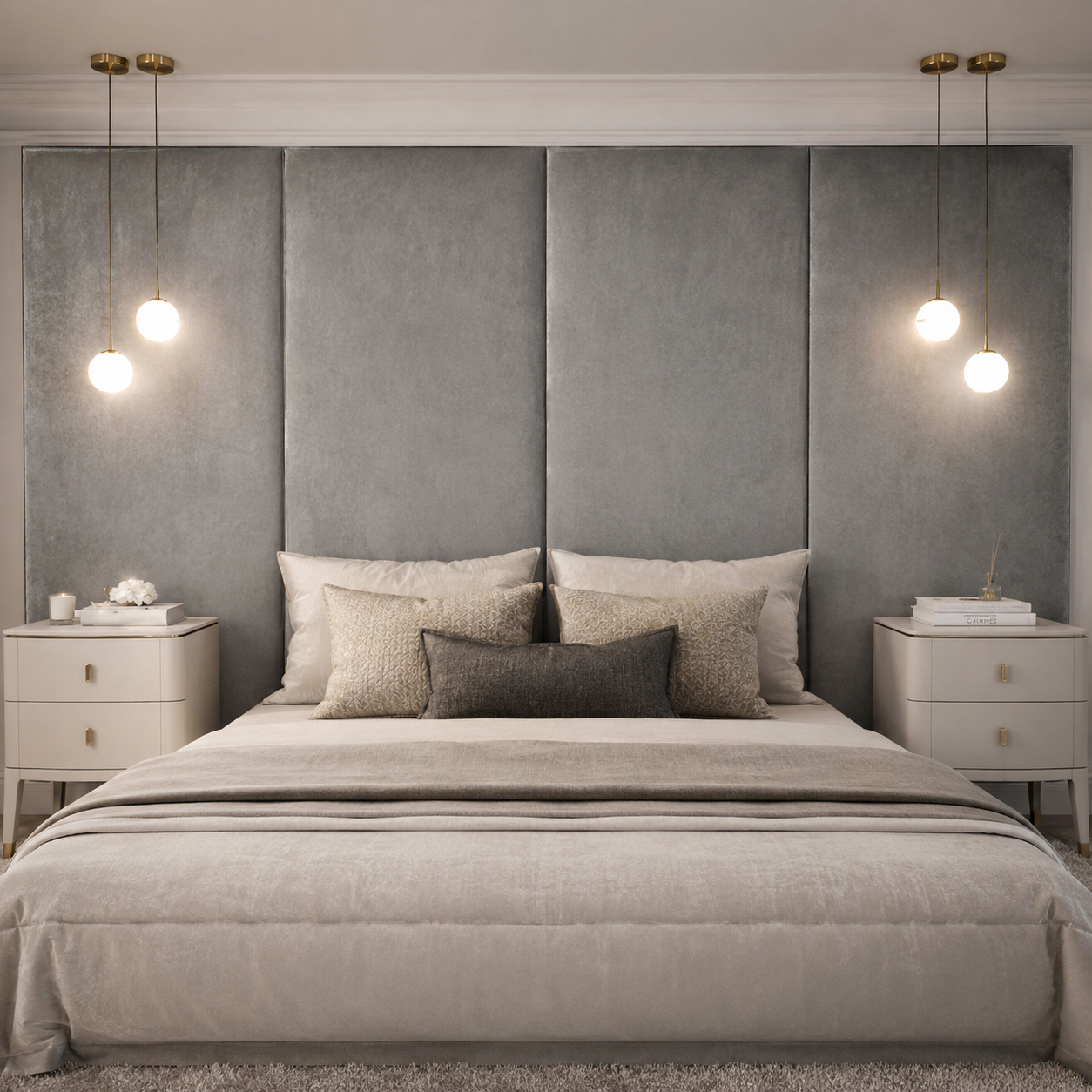 Luxury grey velvet bed with upholstered headboard, modern pendant lights, and matching bedside tables