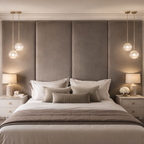 Luxury upholstered bed with velvet headboard, ambient pendant lights, and modern bedside tables