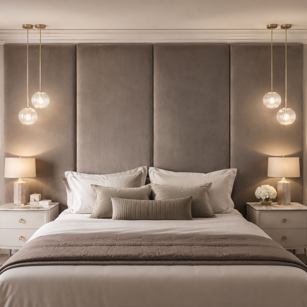 Luxury upholstered bed with velvet headboard, ambient pendant lights, and modern bedside tables