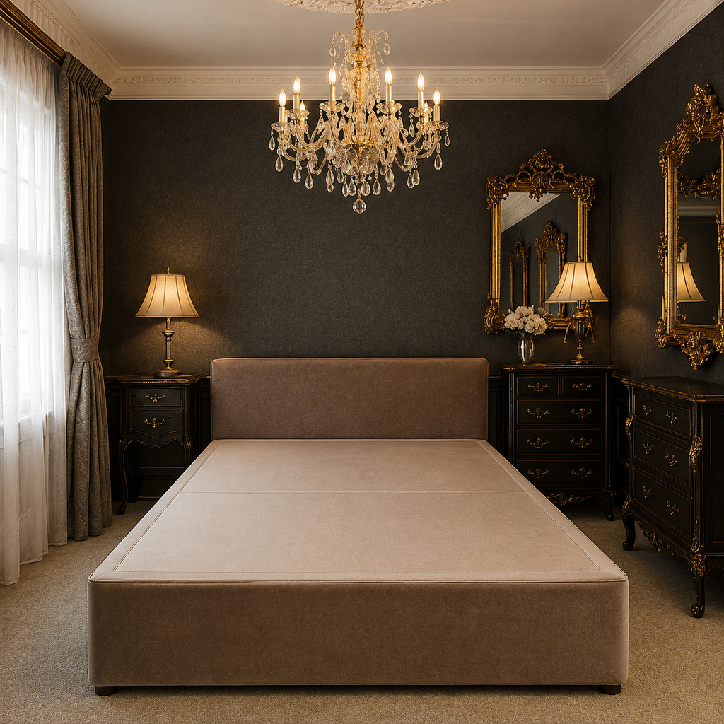 Luxury upholstered bed frame in elegant bedroom with chandelier and dark walls