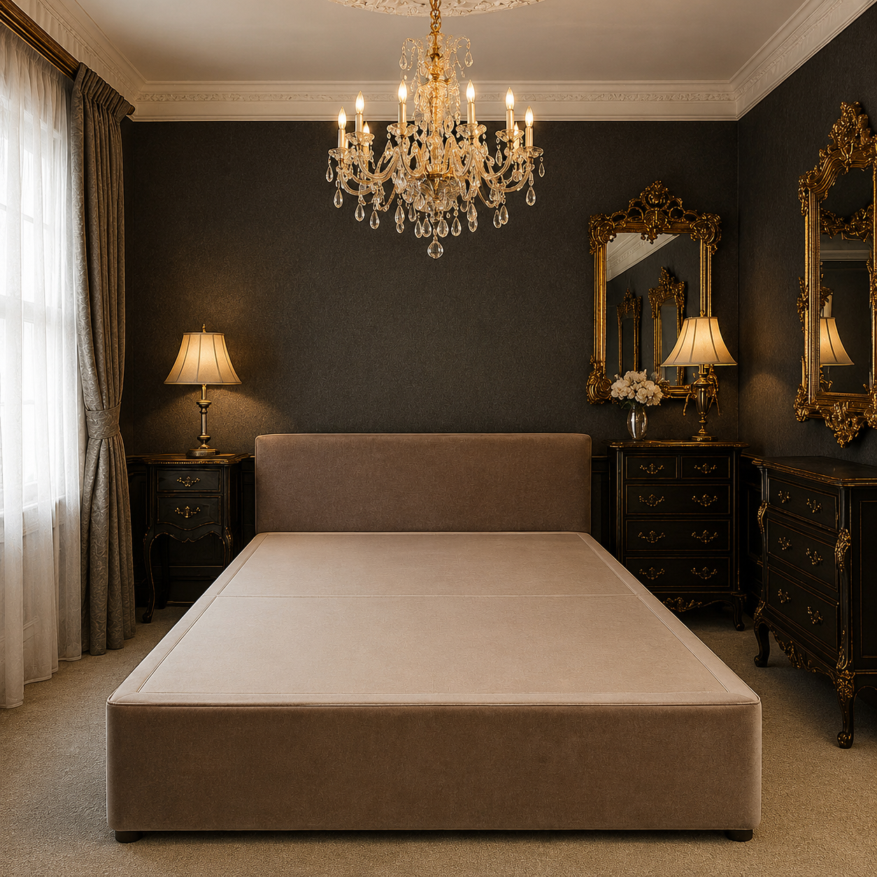 Luxury upholstered bed frame in elegant bedroom with chandelier and dark walls