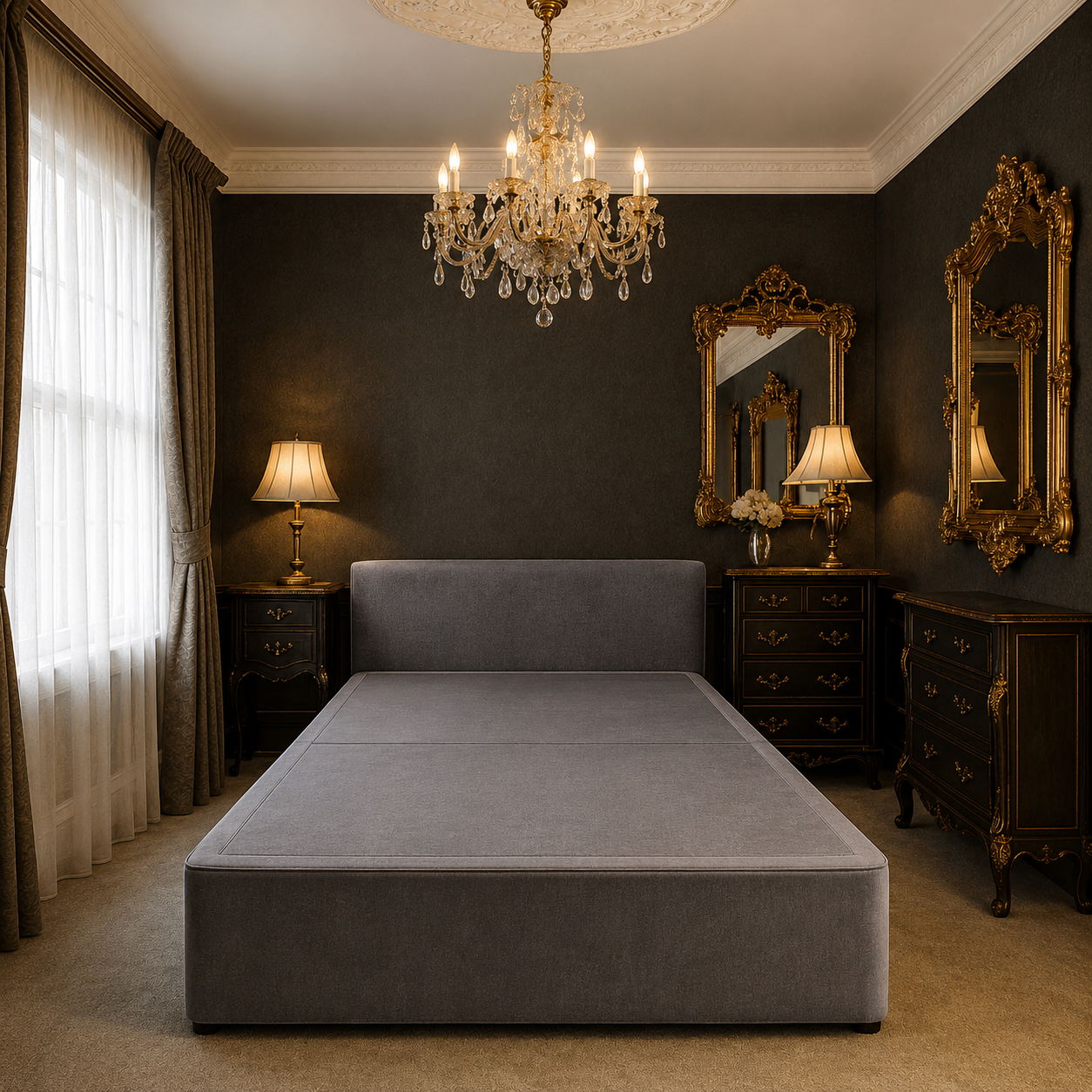 Luxury grey upholstered bed frame in elegant bedroom with chandelier and ornate mirrors