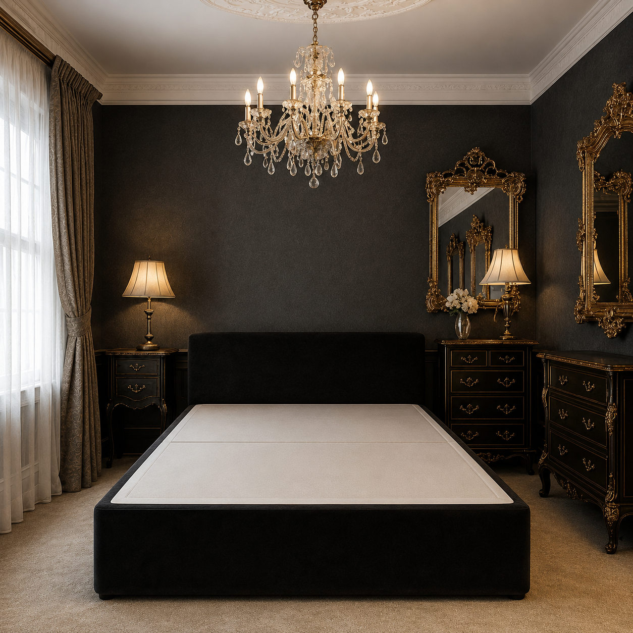 Luxury black velvet bed frame in elegant bedroom with chandelier and ornate mirrors